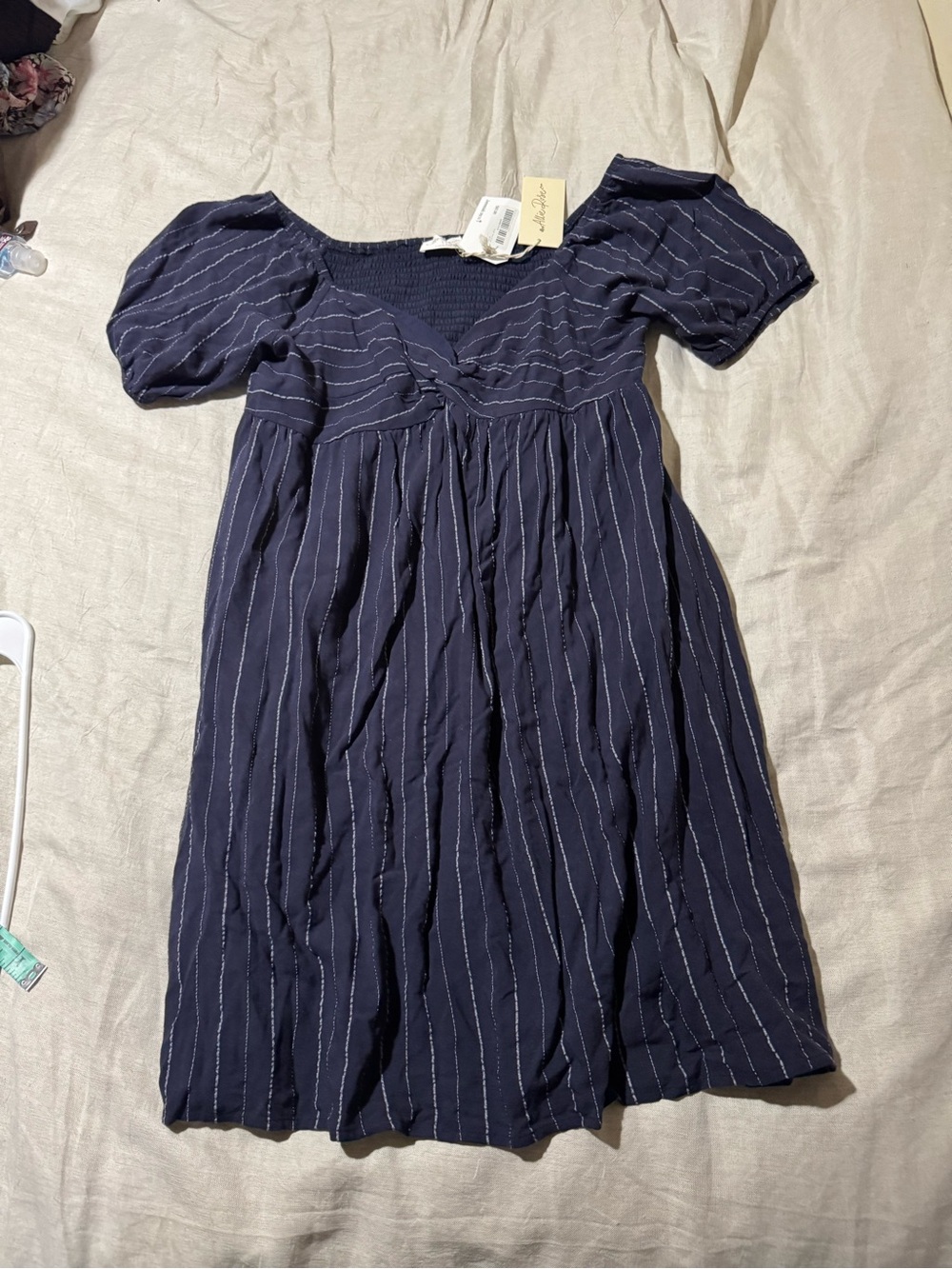 Allie Rose Navy Stripe Puff Sleeve Babydoll Dress Women’s Size L Nwt